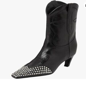 FSJ Women Square Toe Comfort Kitten Low Heel Ankle Boot Pull On Bootie Black